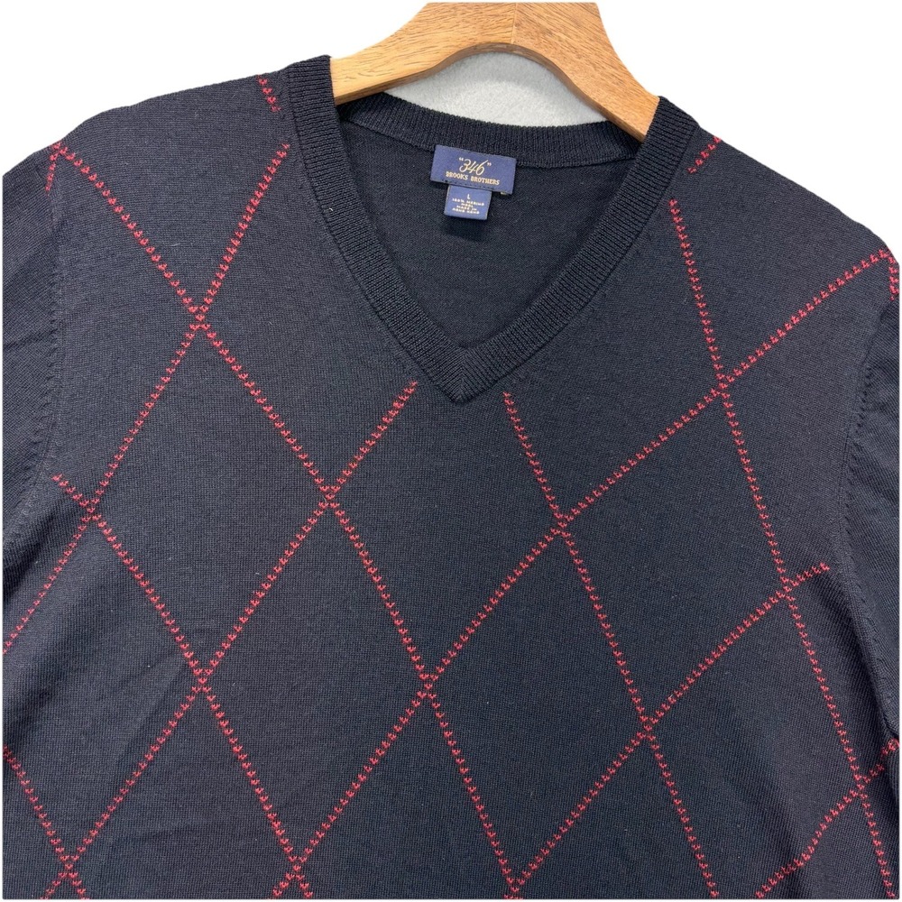 Brooks Brothers 346 Sweater Men's Large Black Merino Wool ‎ Argyle V-Neck Preppy